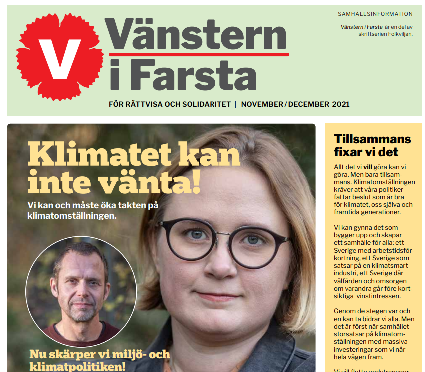 Bild på tidningsomslaget till tidningen Vänstern i Farsta